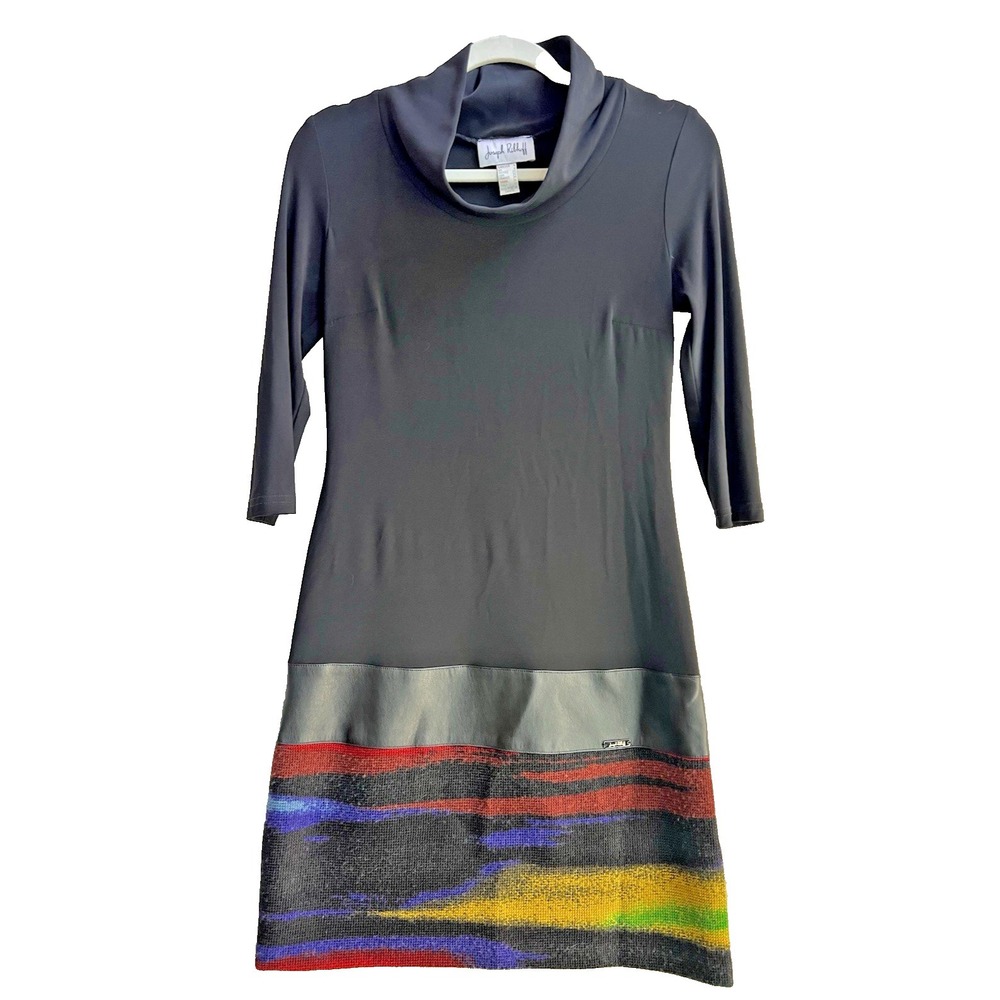 Joseph Ribkoff US 4 Cowl Neck Faux Leather Detail Dress Black Woven Multi Hem